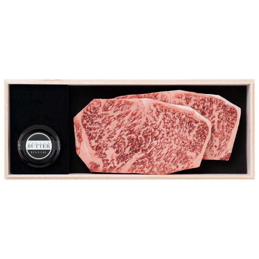 千屋牛ステーキセット サーロインＣ｜千屋牛ステーキ（サーロイン）肉200g×2と新見キャビアバター（プレミアム）のセット